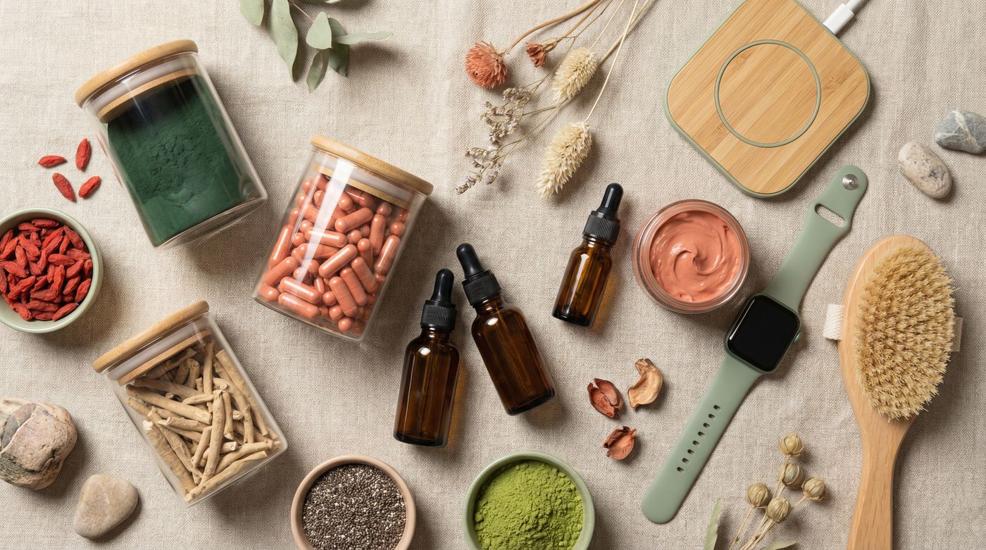 Variedade de produtos Naturaweb — superfoods, cápsulas, óleos essenciais e equipamentos de bem-estar dispostos sobre tecido natural